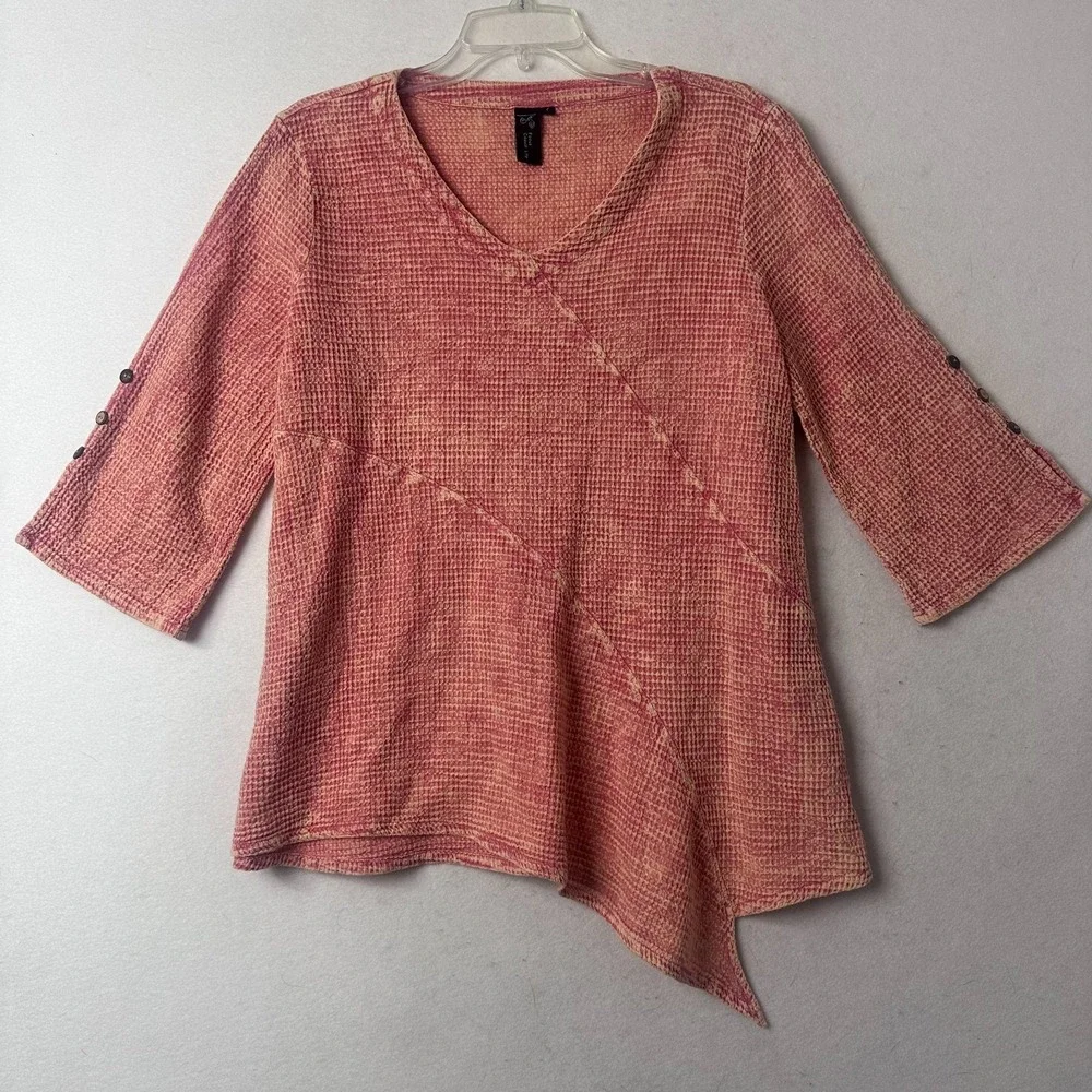 Focus‎ Casual Life Womens Pink Waffle Knit V-Neck Asymmetric Hem Top Small